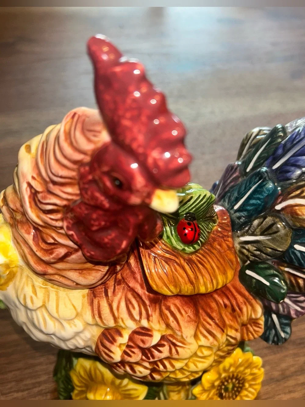 Ceramic Rooster chicken Pitcher Nestled in Sunflowers Ladybugs Colorful 10.5